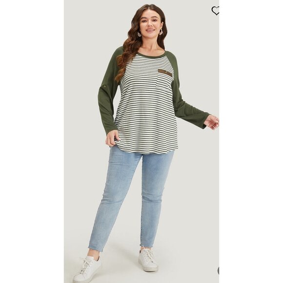 New BloomChic Contrast Raglan Sleeve Striped Patched Pocket Shirt 3XL 22/24 - Picture 3 of 8